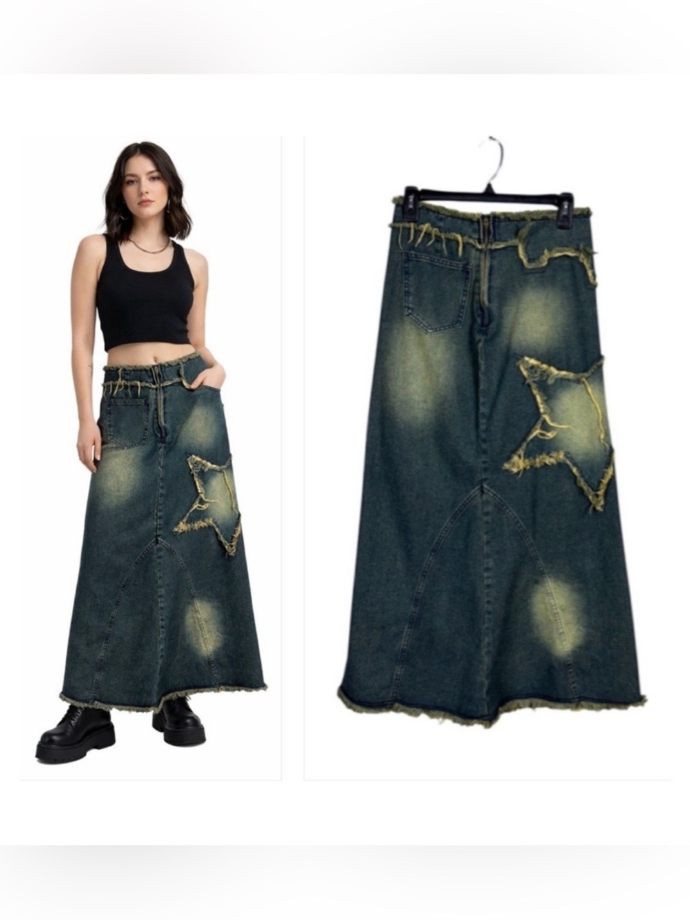 Womens Denim Maxi Skirt Small Western Festival Grunge Maximalist Unique New